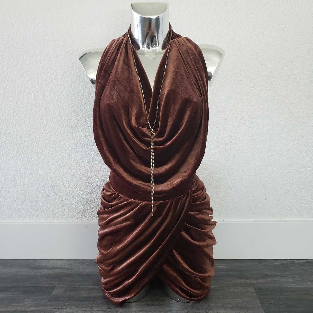Chocolate Velvet Classic Ruched Halter Midi